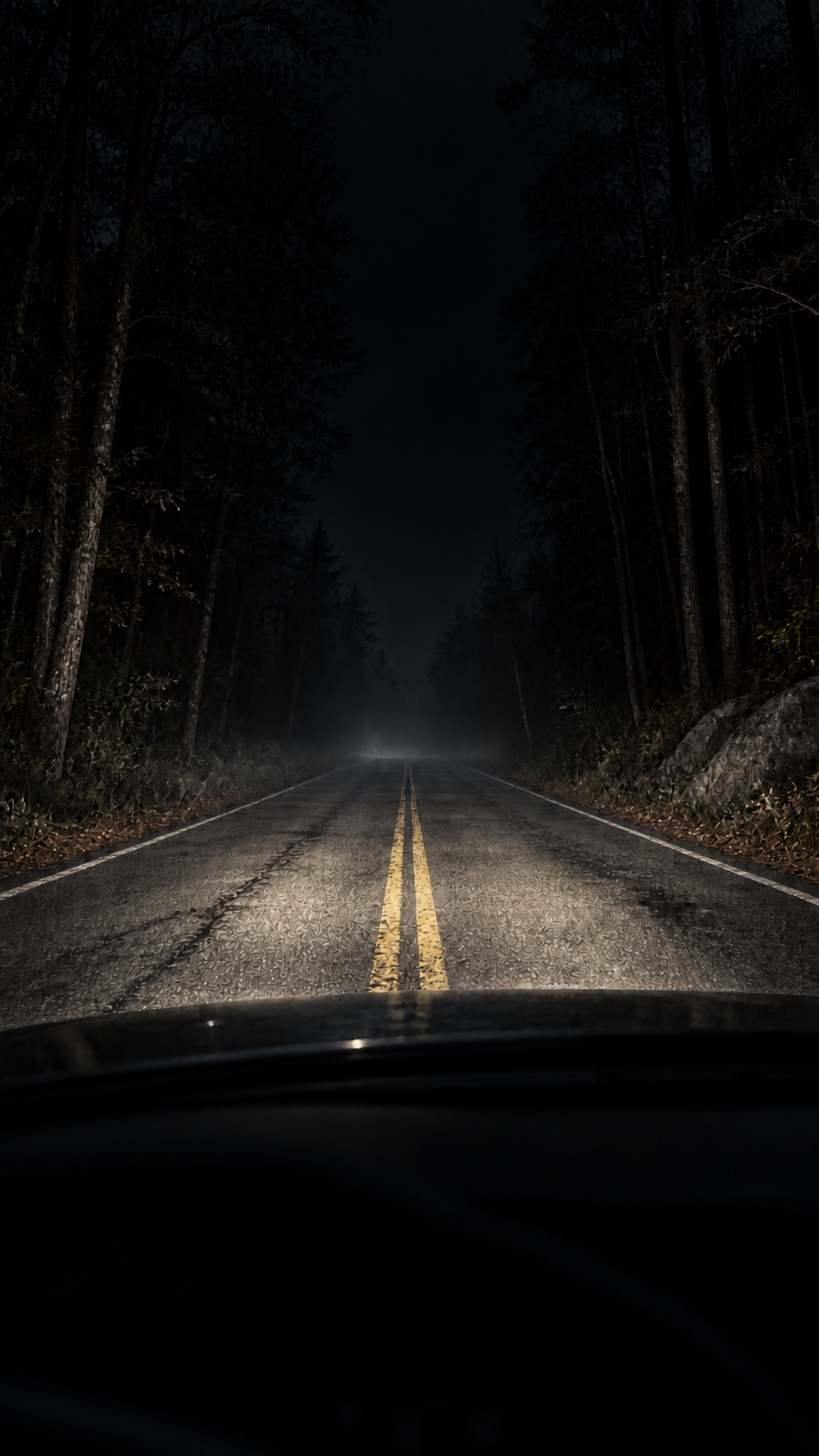 Headlights reveal an empty forest road at night.